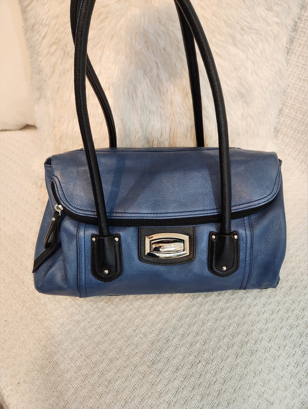 b. makowsky Blue Leather Shoulder Bag with Black Trim